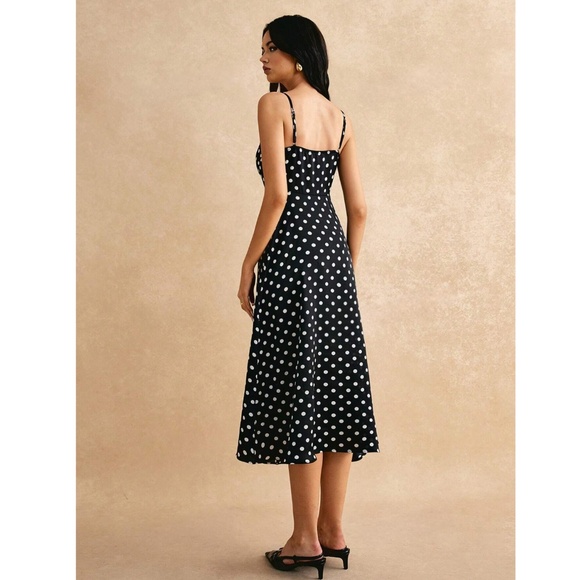 French Style Polka Dot Black Midi Dress Leg Slit - Picture 6 of 16